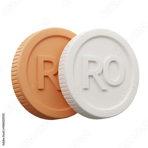 Two stylized coins, one orange and one light, are stacked slightly, each displaying the letters 