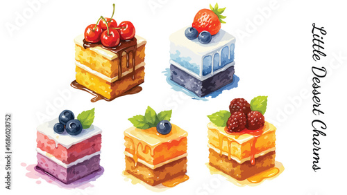 Vector Square Cakes with Fruit and Cream Topping Set