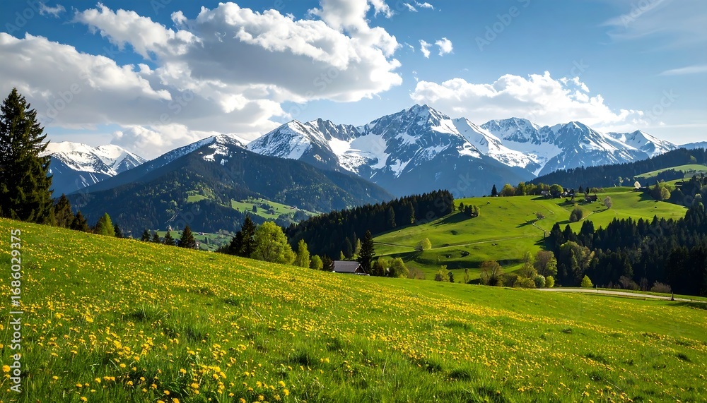 Naklejka premium Alpine meadow under snow-capped peaks
