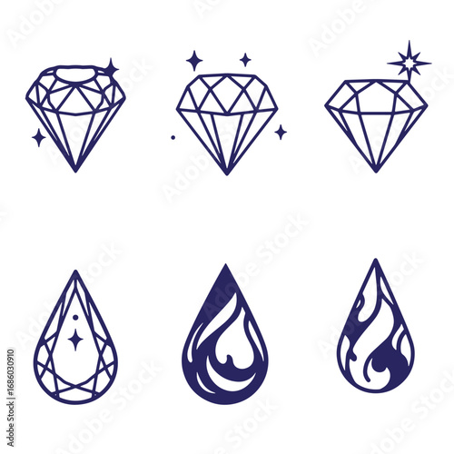 Elegant vector illustrations of diamonds and waterdrop symbols with sparkle for design