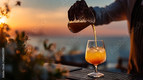 Pouring cocktail at sunset, bartender making tropical drink, orange juice cocktail, summer vibes, cocktail hour