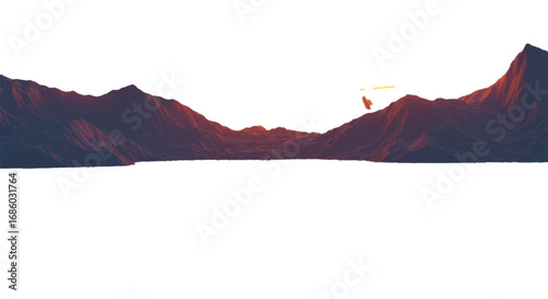 A breathtaking vista showcases a mountainous landscape bathed in the warm hues of a sunset, with a stylized object seemingly floating.