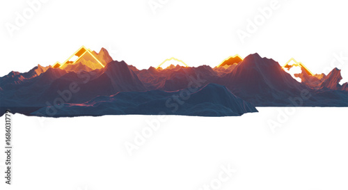 A stylized landscape depicts mountain ranges with glowing geometric shapes illuminating the peaks, creating a surreal and artistic scene.