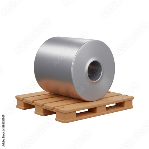 A large metal coil rests securely on a wooden pallet, representing industrial storage and transportation of rolled materials.