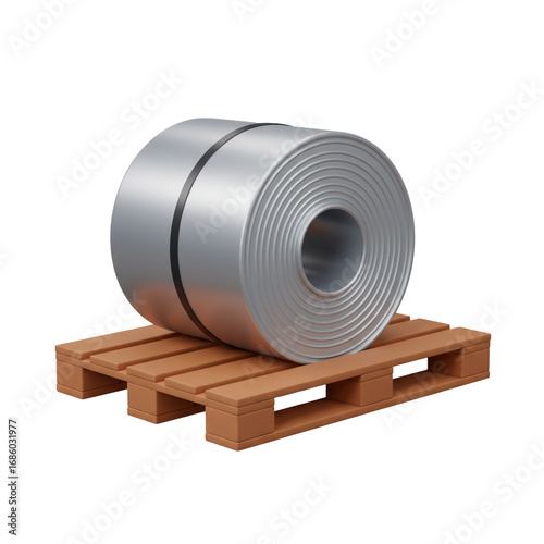 A large metal coil, secured with straps, rests on a wooden pallet, ready for transport or storage in an industrial setting.