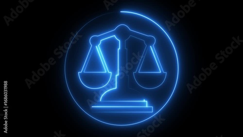 Glowing neon balance scale icon concept. law animation transition masks .Neon Justice scale outline animation. Court of law symbol. Balance scale sign. Glowing neon balance scale icon .4K