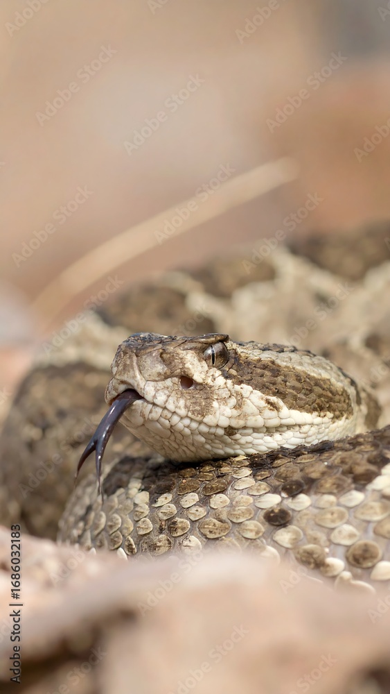 Obraz premium Close-up of a snake's head and upper body, light tan and brown scales, flicking tongue