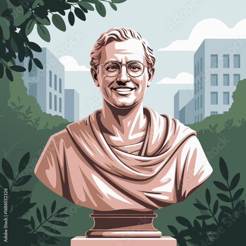 Mahatma Gandhi vector bust illustration in a garden setting with buildings in the background, a classical statue of the influential leader