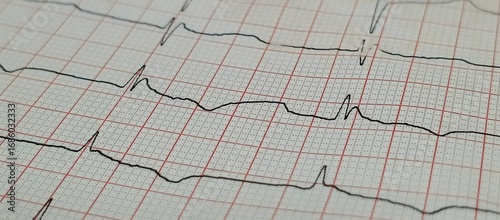 Foto Electrocardiogram printout showing heart waveforms on grid paper, symbolizing ca