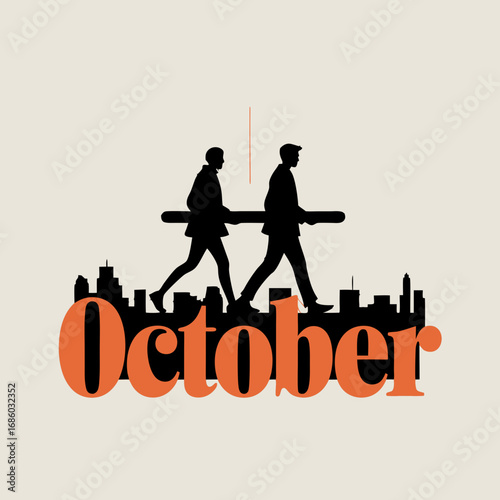Vector graphic illustration for October featuring silhouettes walking across a city skyline, subtly echoing the spirit of mahatma gandhi's enduring legacy