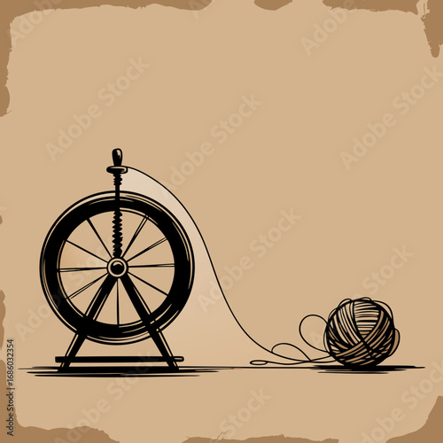 Vintage sketch of a classic spinning wheel, a symbol of Mahatma Gandhi's swadeshi movement, presented as a detailed vector illustration