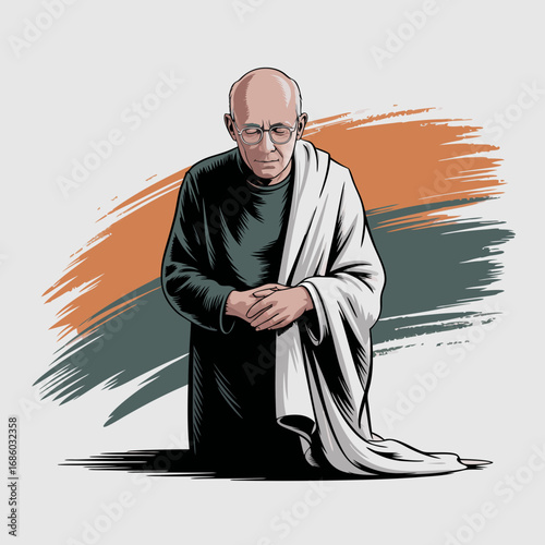 A compelling vector illustration featuring a revered elder, reminiscent of Mahatma Gandhi, captured in a moment of peaceful contemplation and profound introspection