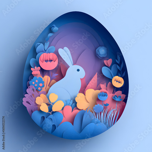 Papercraft Easter egg with a cute rabbit and flowers.