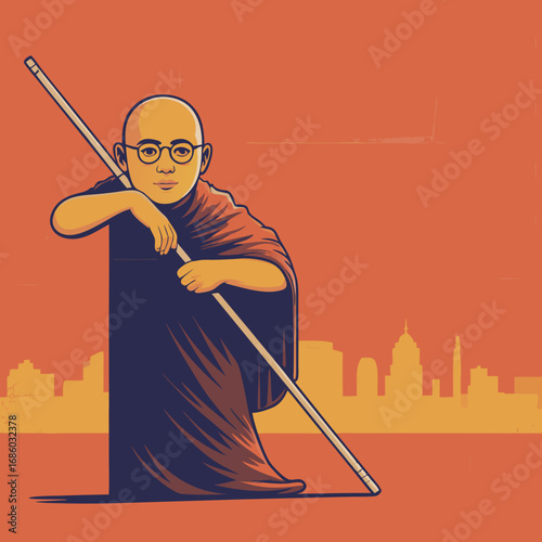 Vector illustration of Mahatma Gandhi, a symbol of peace and nonviolence, depicted in a modern urban cityscape, a conceptual art piece
