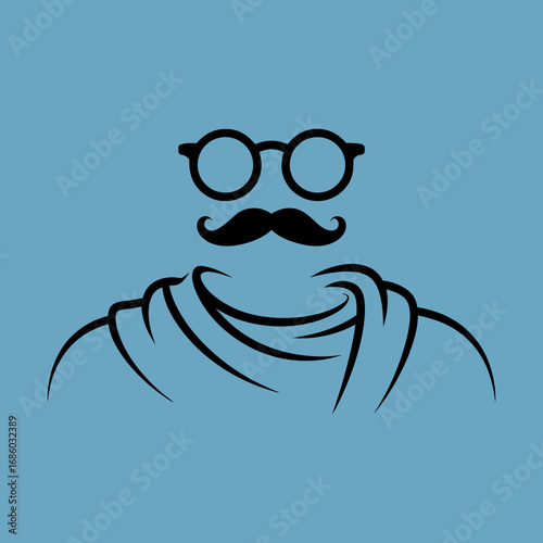 Minimalist vector illustration of Mahatma Gandhi's iconic face with round glasses and mustache, a symbol of peace