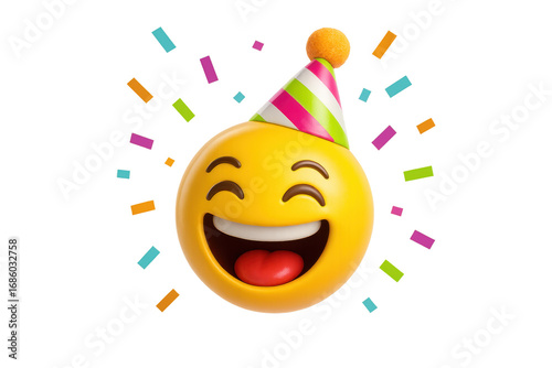 Laughing emoji wearing party hat celebrating with confetti on transparent background