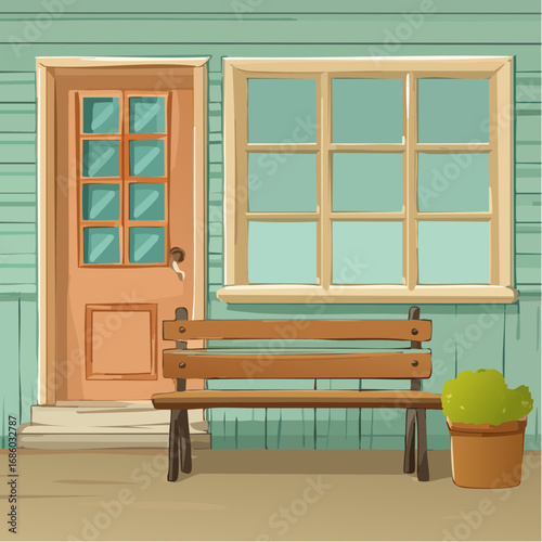  modest shaker porch bench scene with weathered wood and subtle potted plant detail 
