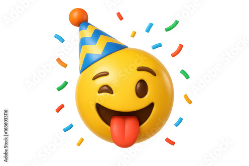 3d party emoji winking and sticking out tongue with confetti on transparent background