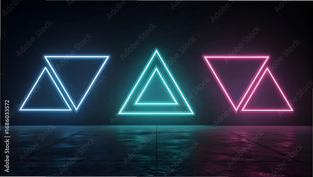 Fototapeta premium Three glowing neon triangles in blue teal and pink against a dark textured background