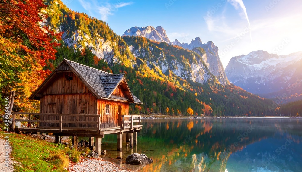Fototapeta premium A serene wooden cabin sits on stilts over a calm lake, nestled amongst autumn foliage and majestic mountains, bathed in golden sunlight.
