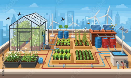 A renewable energy vector showing a green city rooftop garden with a solar panel illustration, promoting a sustainable lifestyle