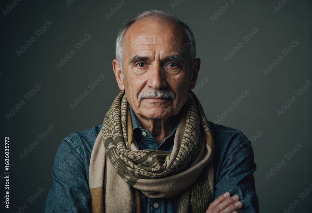 Fototapeta premium Individual with a soft color patch design scarf, exuding confidence and wisdom