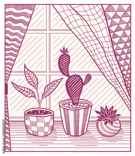 Cozy Windowsill with Houseplants in Line Art
Minimalist vector of potted plants on a windowsill .
 Botanical, decorative, and modern interior design element.