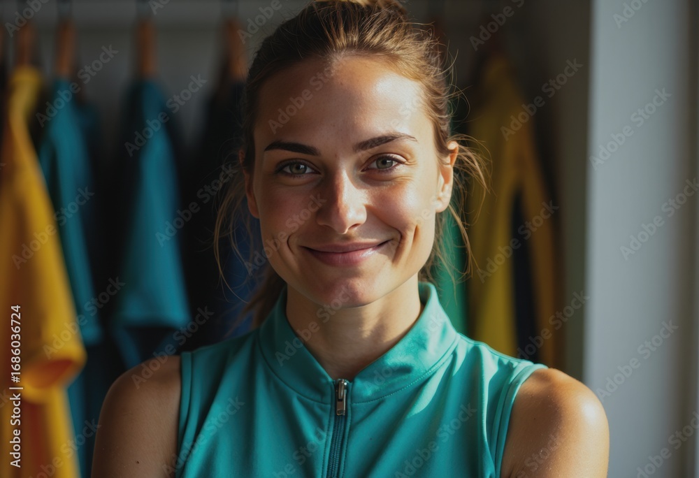 Fototapeta premium Seasonal sports coordinator smiling beside activity equipment area