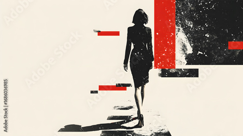 Confident businesswoman silhouette striding towards her future success.