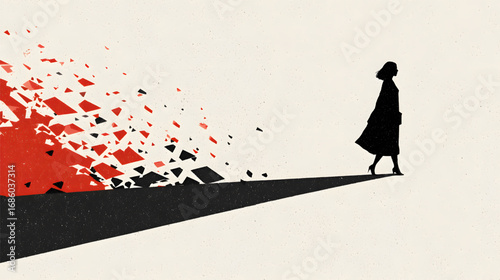 Silhouette of a woman walking away from a shattered past.