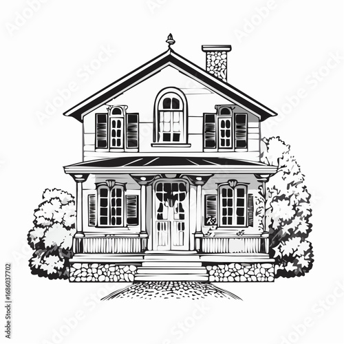Charming Two-Story House with Dormer Windows and a Porch, Rendered in a Detailed Black and White Sketch Style
