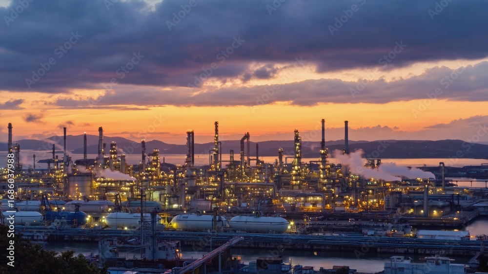 Obraz premium Industrial oil refinery complex at sunset, pipelines and distillation towers reflecting warm golden light, symbolizing heavy industry, energy production, environmental impact awareness infrastructure