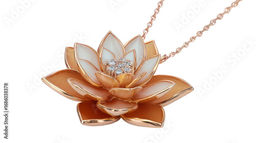 Pendant in the shape of a lotus flower with rose gold petals and a diamond center, isolated on a Transparent background, PNG file.