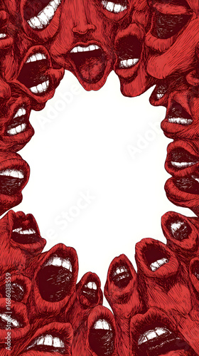 A Chaotic Frame of Red Screaming and Shouting Mouths.