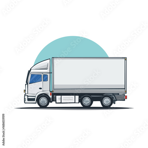 Flat vector icon of a cargo delivery truck shown in a side view. Commercial transport vehicle with a bold outline for logistics and shipping concepts