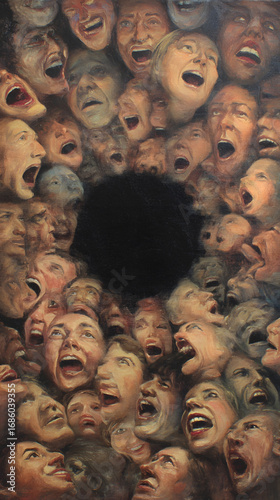 A surreal collage of screaming faces surrounding a central black void.