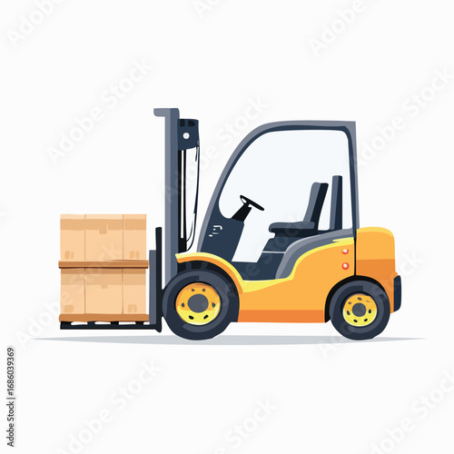 Flat vector illustration of a yellow forklift moving goods on wooden pallets, depicting efficient logistics, warehousing, and transportation services in a clean, modern design style