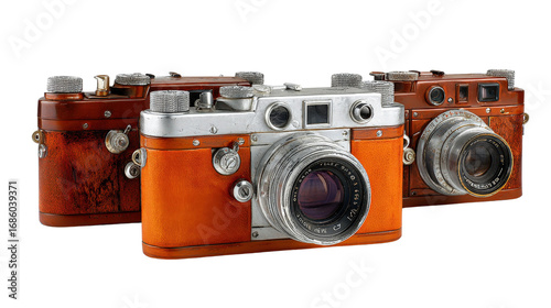 Vintage Cameras: Timeless vintage cameras with leather finishes and intricate lenses, isolated on a Transparent background, PNG file.