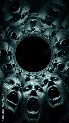 A horrifying chorus of tormented stone faces screaming into a dark abyss.