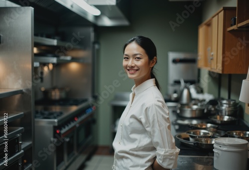 Restaurant specialist smiling beside kitchen equipment storage area