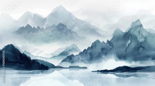 Wallpaper Mural Ethereal New Chinese Style Decorative Painting: Translucent Yarn Curtain with 'A Thousand Miles of Rivers and Mountains' Ink Wash Landscape, Perfect for Living Room/Foyer Background Wall to Create Zen Torontodigital.ca