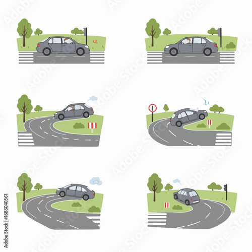 Illustrated sequence of a car driving on a road, demonstrating safe driving, making a turn, and potential loss of control or accident scenarios.