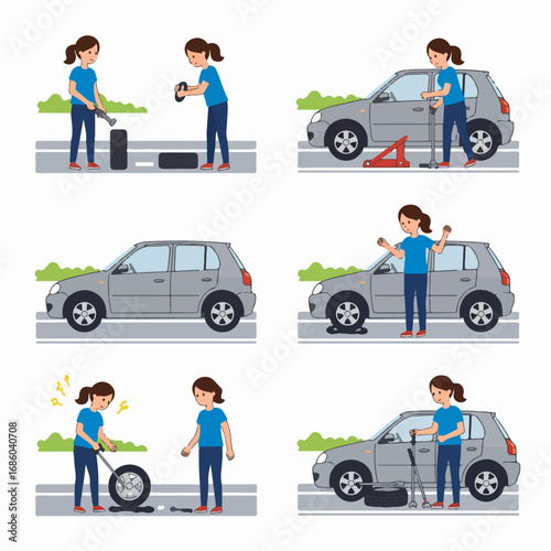Woman changing a flat tire on her car: a step-by-step guide to roadside tire replacement for drivers.