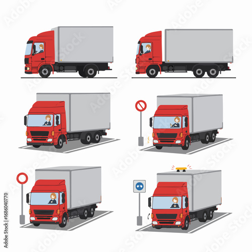 Set of Red Delivery Trucks in Various Situations: Driving, Parking, and Responding to Road Signs, Illustrating Logistics, Transport, and Commercial Delivery Operations.