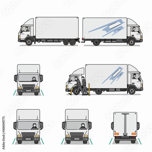 Various views of delivery trucks, including side, front, and rear perspectives, with drivers and loading activity, illustrating commercial logistics and transportation services.