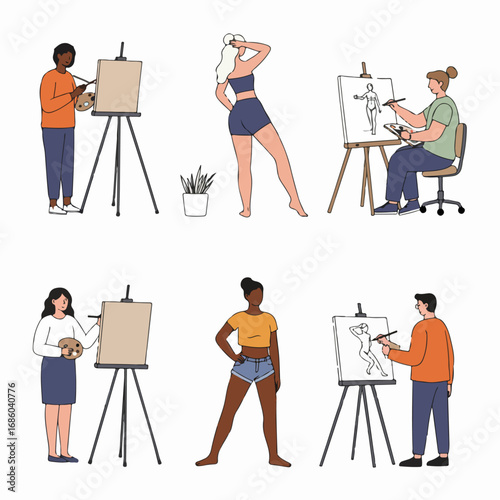 Diverse artists practice life drawing, sketching various models posing for art classes, highlighting creativity, education, and artistic expression in a studio setting.