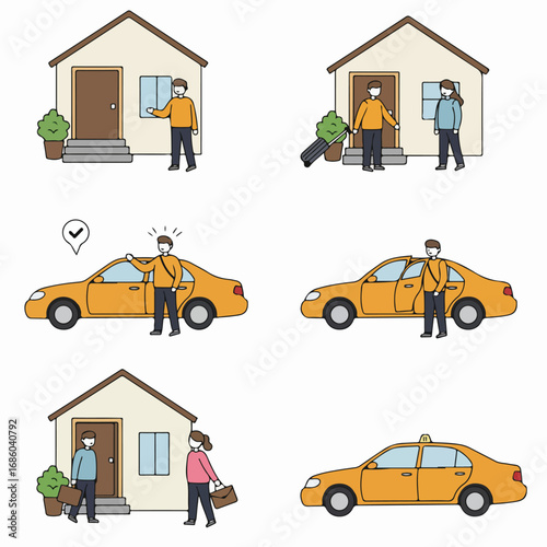 Illustration of a person calling a ride-sharing service or taxi, with the car arriving for pickup and departure from home.