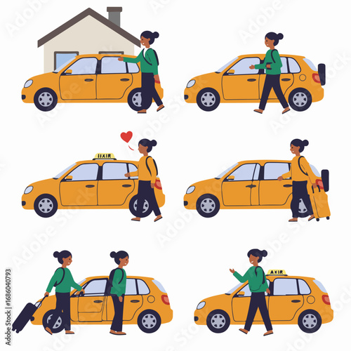 Steps of a woman using a ride-share taxi service, from hailing to luggage handling, for urban and travel convenience.