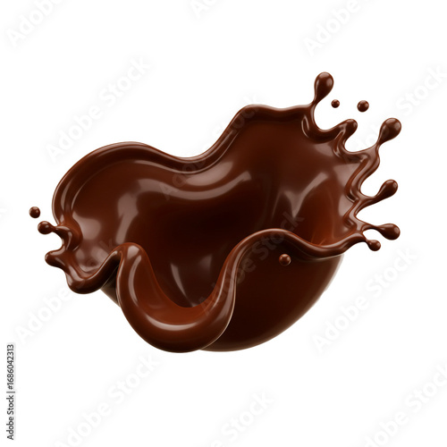 A dynamic splash of rich, dark brown liquid, creating a visually appealing and smooth, flowing shape with droplets.