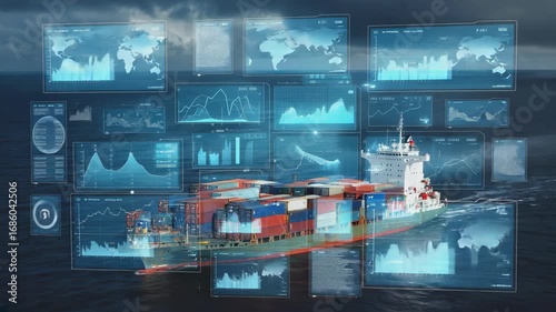 Container ship navigating the ocean with virtual data charts and graphs displayed above, global commerce, shipping efficiency, digital logistics, and the use of smart technology in freight transport.